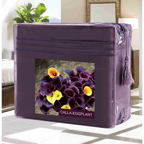 Bed Sheets Set Wrinkle-Free 1500 Series 3-Piece Bed Sheet Set - FLOWERS Collection - Deep Pocket, Twin/Twin XL, Calla-Eggplant