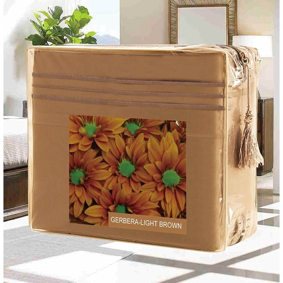 Bed Sheets Set Wrinkle-Free 1500 Series 3-Piece Bed Sheet Set - FLOWERS Collection - Deep Pocket, Twin/Twin XL, Gerbera-Light Brown