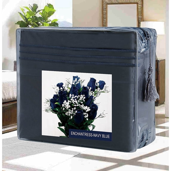 Bed Sheets Set Wrinkle-Free 1500 Series 4-Piece Bed Sheet Set - FLOWERS Collection - Deep Pocket, Full, Enchantress-Navy