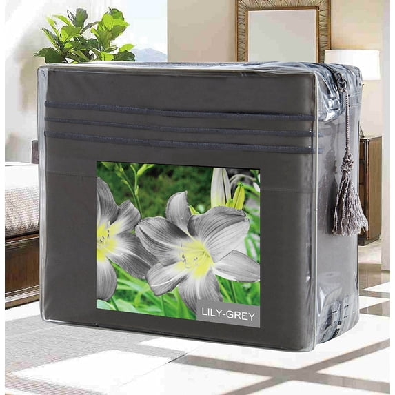 Bed Sheets Set Wrinkle-Free 1500 Series 4-Piece Bed Sheet Set - FLOWERS Collection - Deep Pocket, Full, Lily-Grey