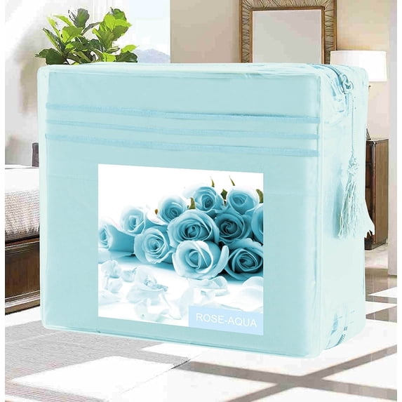Bed Sheets Set Wrinkle-Free 1500 Series 4-Piece Bed Sheet Set - FLOWERS Collection - Deep Pocket, Full, Rose - Aqua