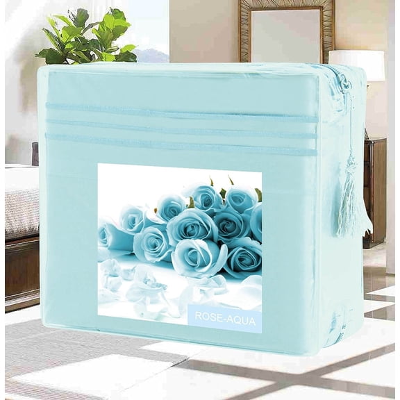Bed Sheets Set Wrinkle-Free 1500 Series 4-Piece Bed Sheet Set - FLOWERS Collection - Deep Pocket, Full, Rose - Aqua