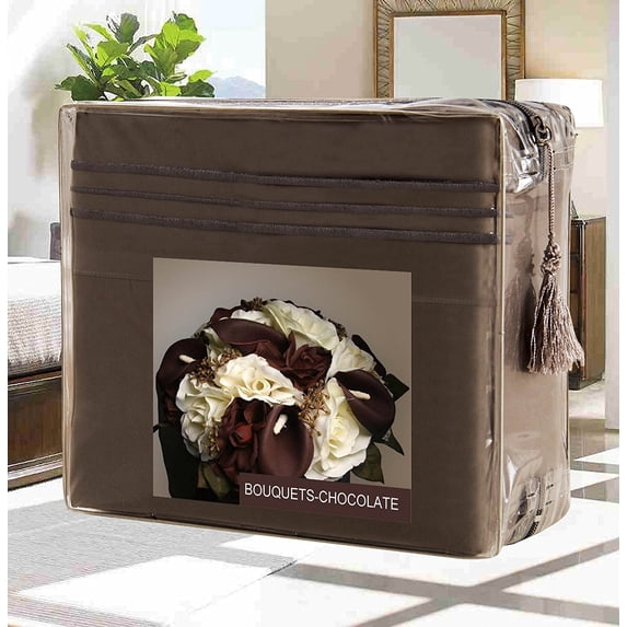 Bed Sheets Set Wrinkle-Free 1500 Series 4-Piece Bed Sheet Set - FLOWERS Collection - Deep Pocket, King, Bouquets-Chocolate
