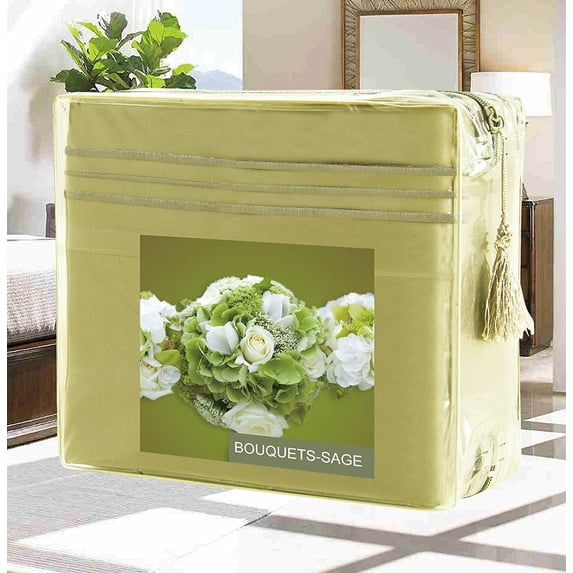 Bed Sheets Set Wrinkle-Free 1500 Series 4-Piece Bed Sheet Set - FLOWERS Collection - Deep Pocket, King, Bouquets-Sage