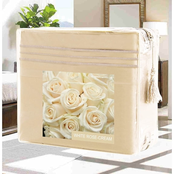 Bed Sheets Set Wrinkle-Free 1500 Series 4-Piece Bed Sheet Set - FLOWERS Collection - Deep Pocket, King, Rose-Cream