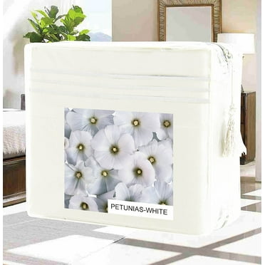 Bed Sheets Set Wrinkle-Free 1500 Series 4-Piece Bed Sheet Set - FLOWERS Collection - Deep Pocket, Queen, Petunias-White
