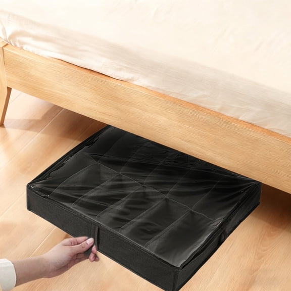 Under Bed Shoe Organizer with Clear Lid | Foldable Fabric Storage Box Holds 12 Pairs of Shoes | Low-Profile 5.1 Inch High Design for Dust Protection & Space Saving