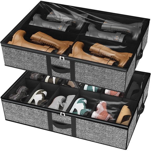 Under the Bed Shoe Organizer Fits 12 Pairs and 4 Pairs Boots,Sturdy & Breathable Materials,Underbed Storage Solution for Kids Men & Women Shoes,Great Space Saver for Your Closet Set of 2