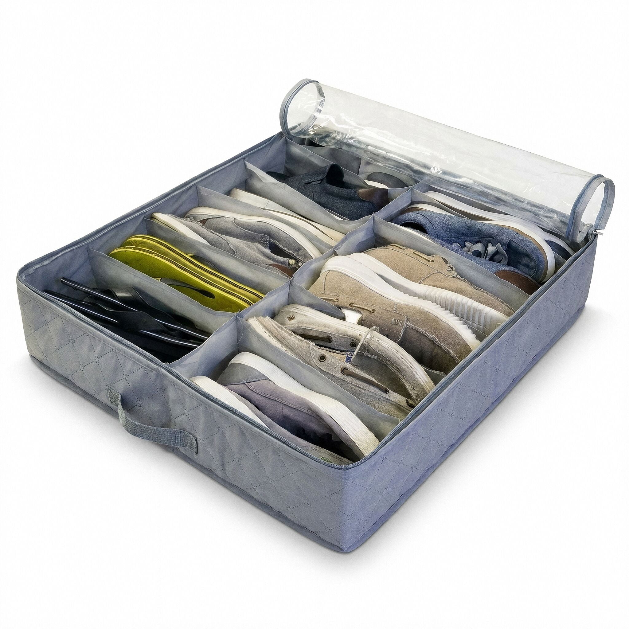 Under Bed 14 Pocket Shoe Storage Organizer with Clear Zippered Cover Grey Foldable