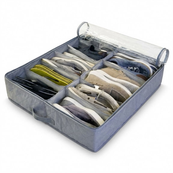 Under Bed 14 Pocket Shoe Storage Organizer with Clear Zippered Cover Grey Foldable