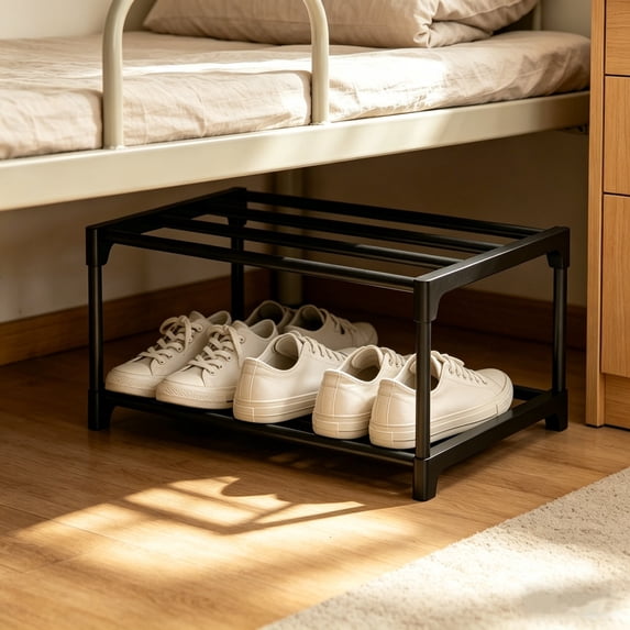 Under Bed Shoe Rack Space Saving Organizer 2 Tier Foldable Shoe Storage Shelf Durable Closet Organizer Rack For Bedroom Dorm Entryway Closet Small Space Home Organization