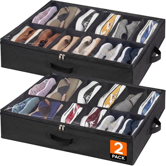 Under Bed Shoe Storage Organizer 2 Pack(12 Shoes Cells), 4.3 Inches Profile Fabric Shoes Container Box with Clear Cover, Foldable Storage Bag with 2 Handles, Fits 12 to 24 Pairs