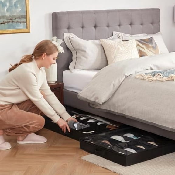 Under Bed Shoe Storage Organizer 2 Pack(14 Pairs), 4.3" Tall Fabric Shoes Container Box, Foldable Closet Shoe Bag with 2 Reinforced Handles and Clear Cover, Black