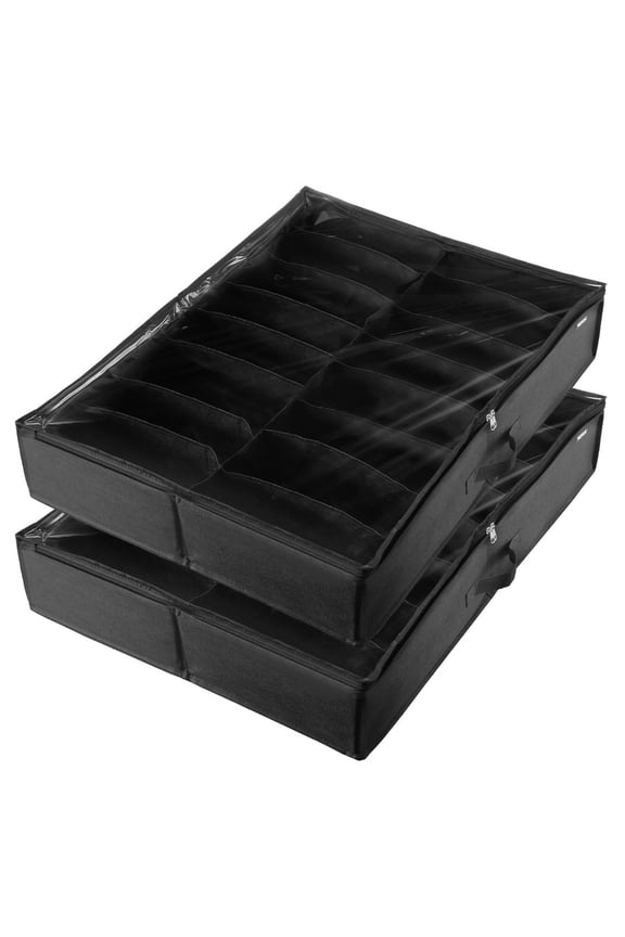 Under Bed Shoe Storage Organizer, 32 Compartments - Set of 2, Foldable Shoe Organizer with Clear Window, Breathable Non-Woven Fabric, L31.5" x W23.6" x H5.9", Black