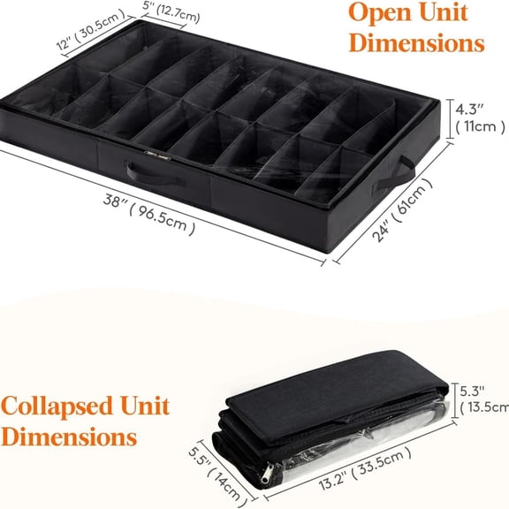 Under Bed Shoe Storage Organizer 4 Pack(16 Pairs), 4.3" Tall Fabric Shoes Container Box, Foldable Closet Shoe Bag with 2 Reinforced Handles and Clear Cover, Black