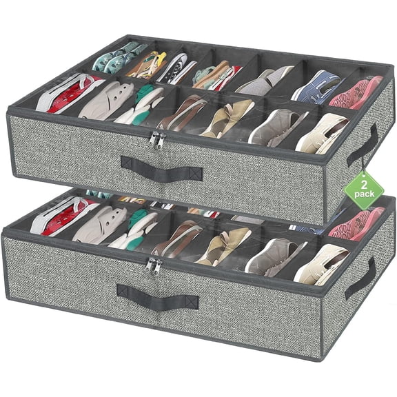 Under Bed Shoe Storage Organizer Fits 16 Pairs Shoes and 4 Pairs Boots, Underbed Shoe Storage Boxes Bins, Organizador De Zapatos, Extra Large Zapateras Organizer for closet, Black, Set of 2