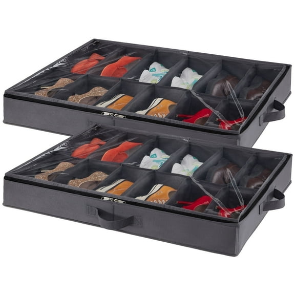 Leaglojoy Under Bed Shoe Storage Organizer Set of 2, 4.3 Inches Tall Low Profile Fabric Shoes Container Box with Clear Cover, Foldable Storage Bag with 2 Handles, Total Fits 24 Pairs of Shoes, Grey