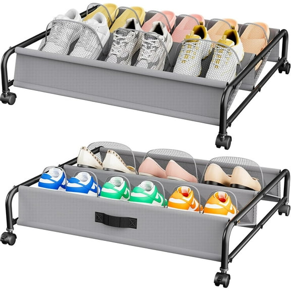 Under Bed Shoe Storage with Wheels, 2 Pack Rolling Under Bed Storage Containers for Shoes with Breathable Mesh Pockets, Metal Underbed Shoe Rack Organizer Bedroom Organization