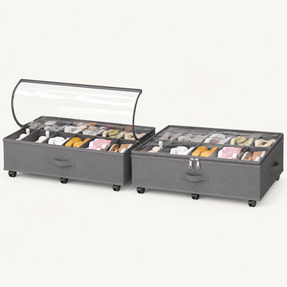 Under Bed Shoe Storage with Wheels, Fits 24 Pairs, Rolling Shoe Organizer with Bottom Support & Clear Lids, Sturdy Under Bed Storage Box for Shoes, Set of 2, Grey