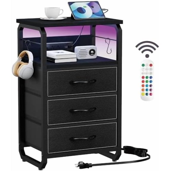 Bed Side Table with 3 Fabric Drawers, Black Night Stand, LED Nightstand with Hooks, Bedside Table with Charging Station, End Table with Storage, Night Table for Living Room, Bedroom, Dorm