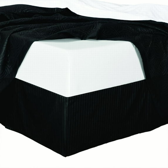 Bed Skirt 100% Cotton Damask Striped 300TC, Split Corner, 15-Inch Tailored Drop Pleated Dust Ruffle -Black -Queen
