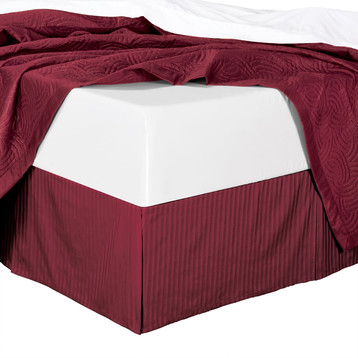 Bed Skirt 100% Cotton Damask Striped 300TC, Split Corner, 15-Inch Tailored Drop Pleated Dust Ruffle -Burgundy -Full