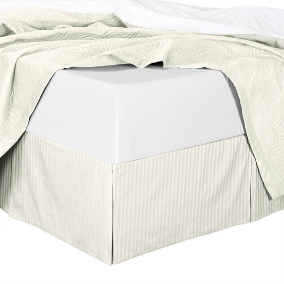 Bed Skirt 100% Cotton Damask Striped 300TC, Split Corner, 15-Inch Tailored Drop Pleated Dust Ruffle -Ivory -California King