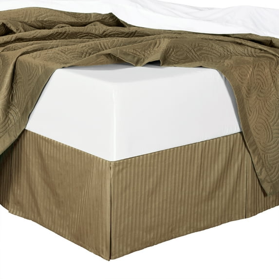Bed Skirt 100% Cotton Damask Striped 300TC, Split Corner, 15-Inch Tailored Drop Pleated Dust Ruffle -Taupe -California King