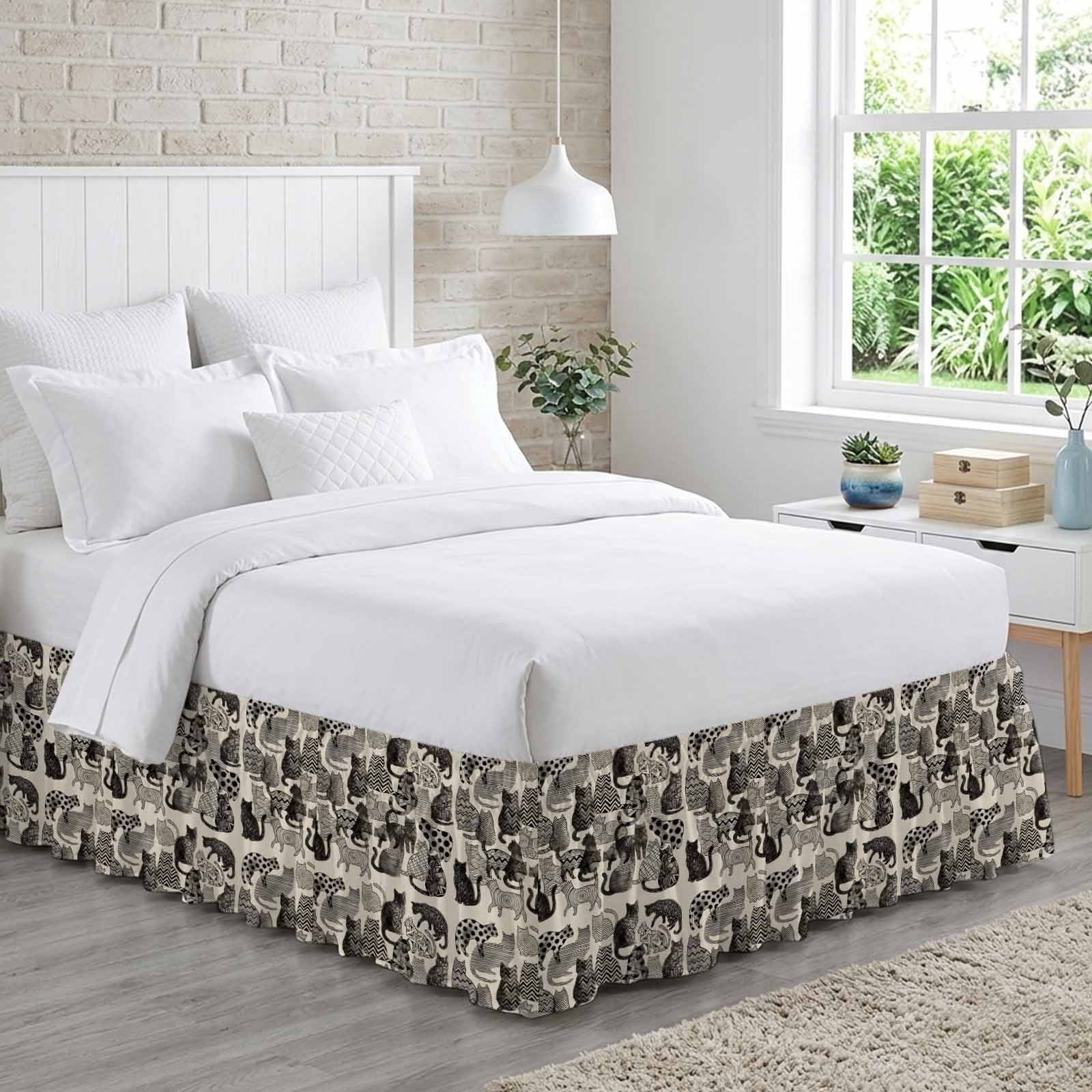 Bed Skirt Abstract Cat Vintage Adjustable Elastic Wrap-Around Dust Ruffle with Geometric Wave Dot Line Cat Memphis Art 18 Inch Drop, Bed Frame Cover for King Size Bed