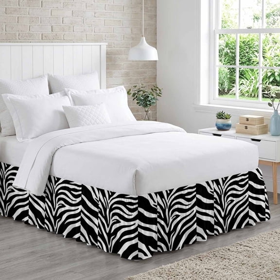 Bed Skirt Abstract Tiger Print Adjustable Elastic Wrap-Around Dust Ruffle with Black White Animal Fur Texture Modern Art 18 Inch Drop, Bed Frame Cover for Queen Size Bed