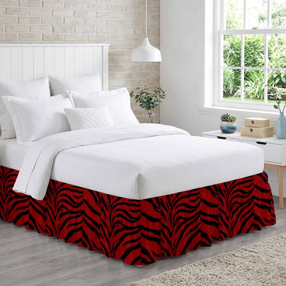 Bed Skirt Abstract Tiger Print Adjustable Elastic Wrap-Around Dust Ruffle with Red Black Animal Fur Texture Modern Art 18 Inch Drop, Bed Frame Cover for Cal King Bed