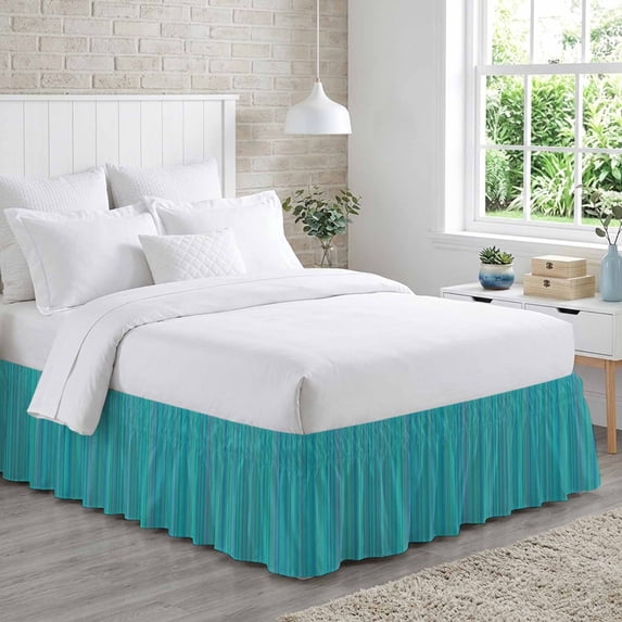 Bed Skirt Blue Stripes Adjustable Elastic Wrap-Around Dust Ruffle with ...