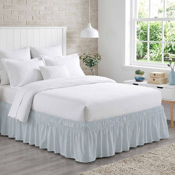 Bed Skirt Blue White Stripe Pattern Adjustable Elastic Wrap-Around Dust Ruffle with Simple Style Light Blue Pinstriped 16 Inch Drop, Bed Frame Cover for Queen Size Bed