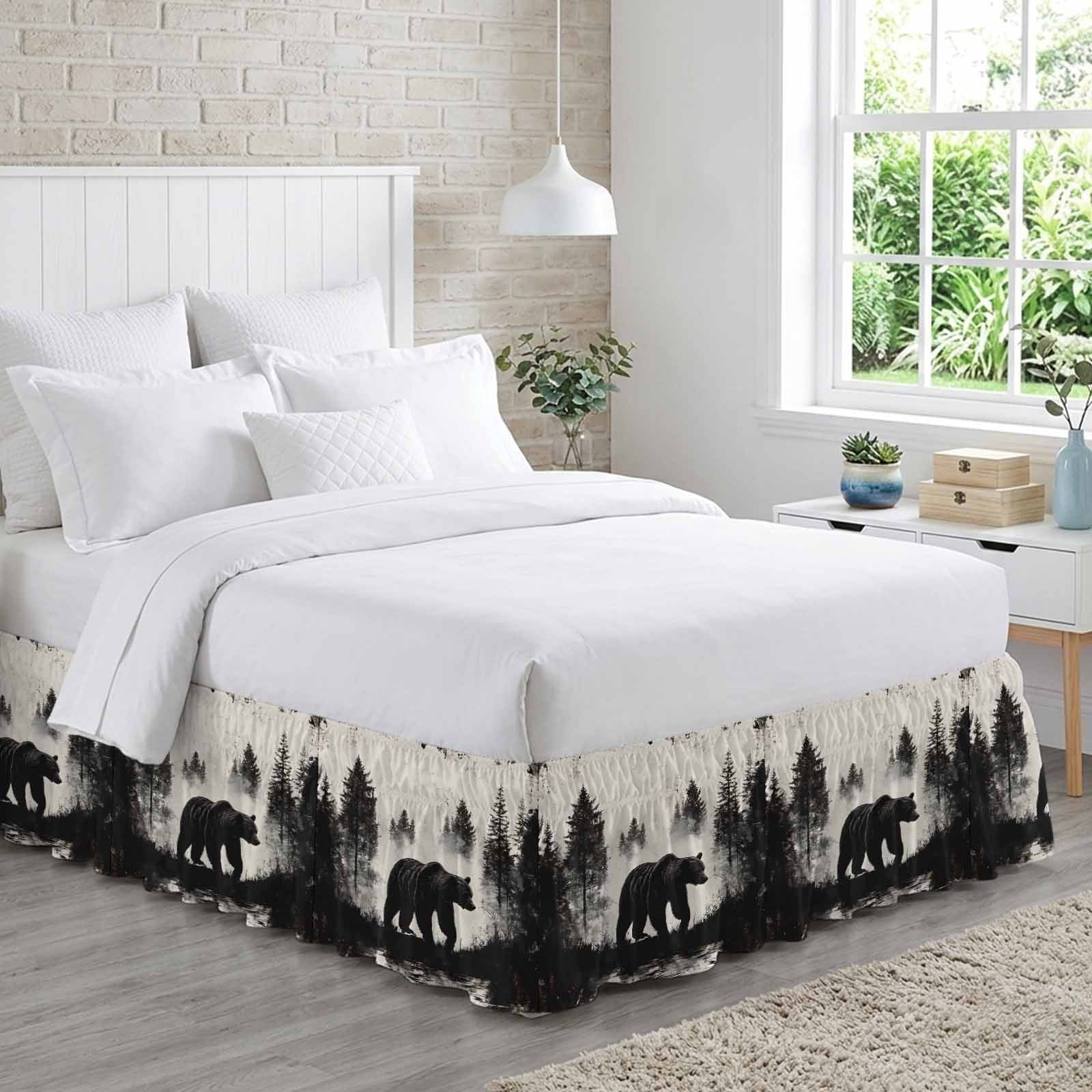Bed Skirt Brown Bear Forest Silhouette Adjustable Elastic Wrap-Around ...