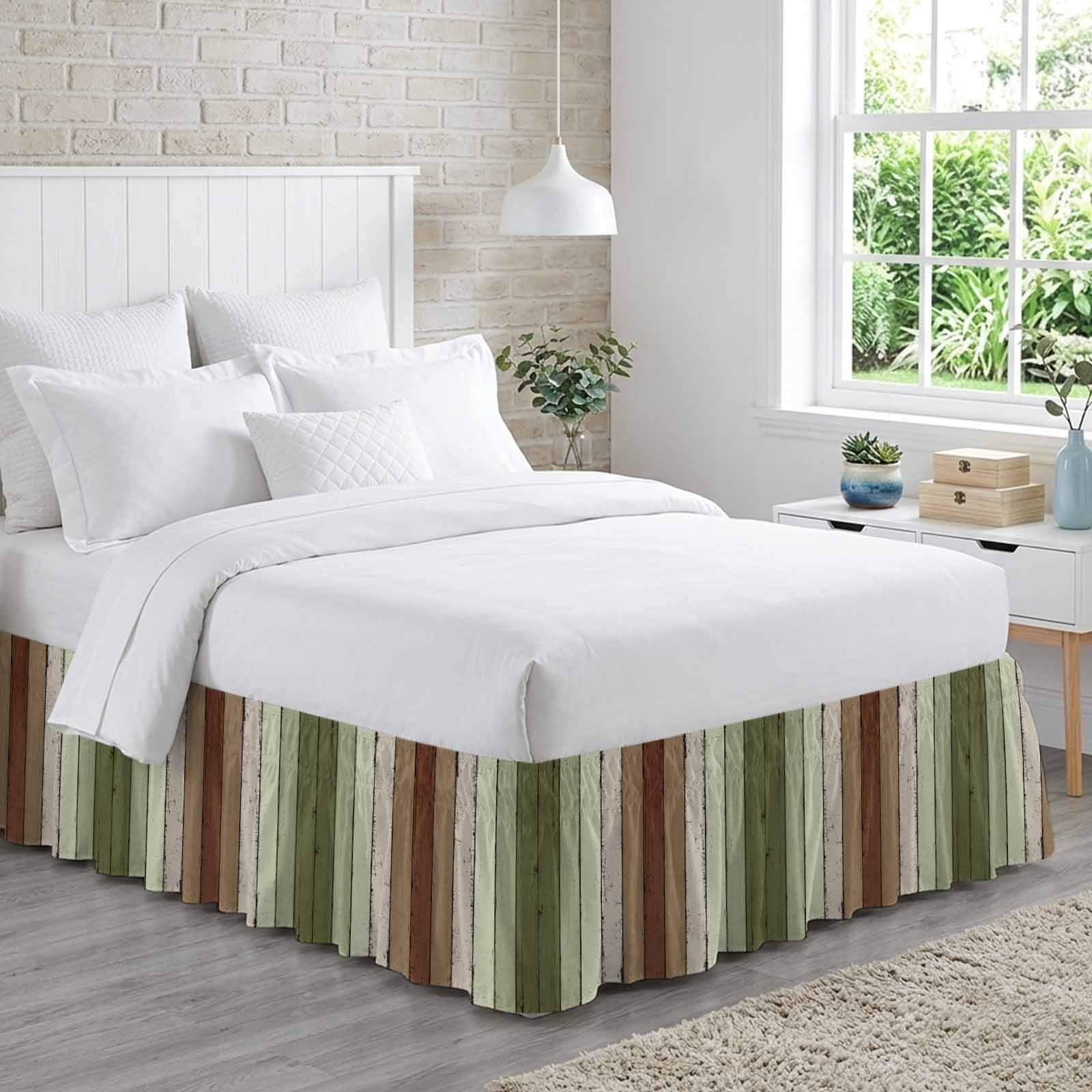 Bed Skirt Brown Green Striped Adjustable Elastic Wrap-Around Dust ...