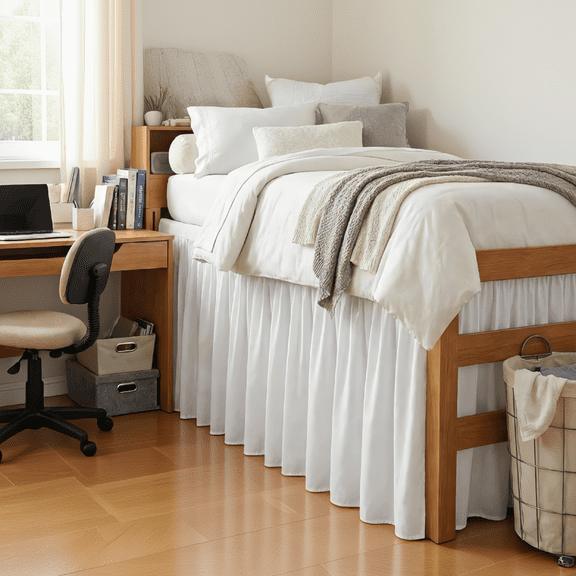 Bed Skirt Dust Ruffle with Elastic Belts, Eyelet Embroidery, 32-Inch Drop, /TwinXL, White