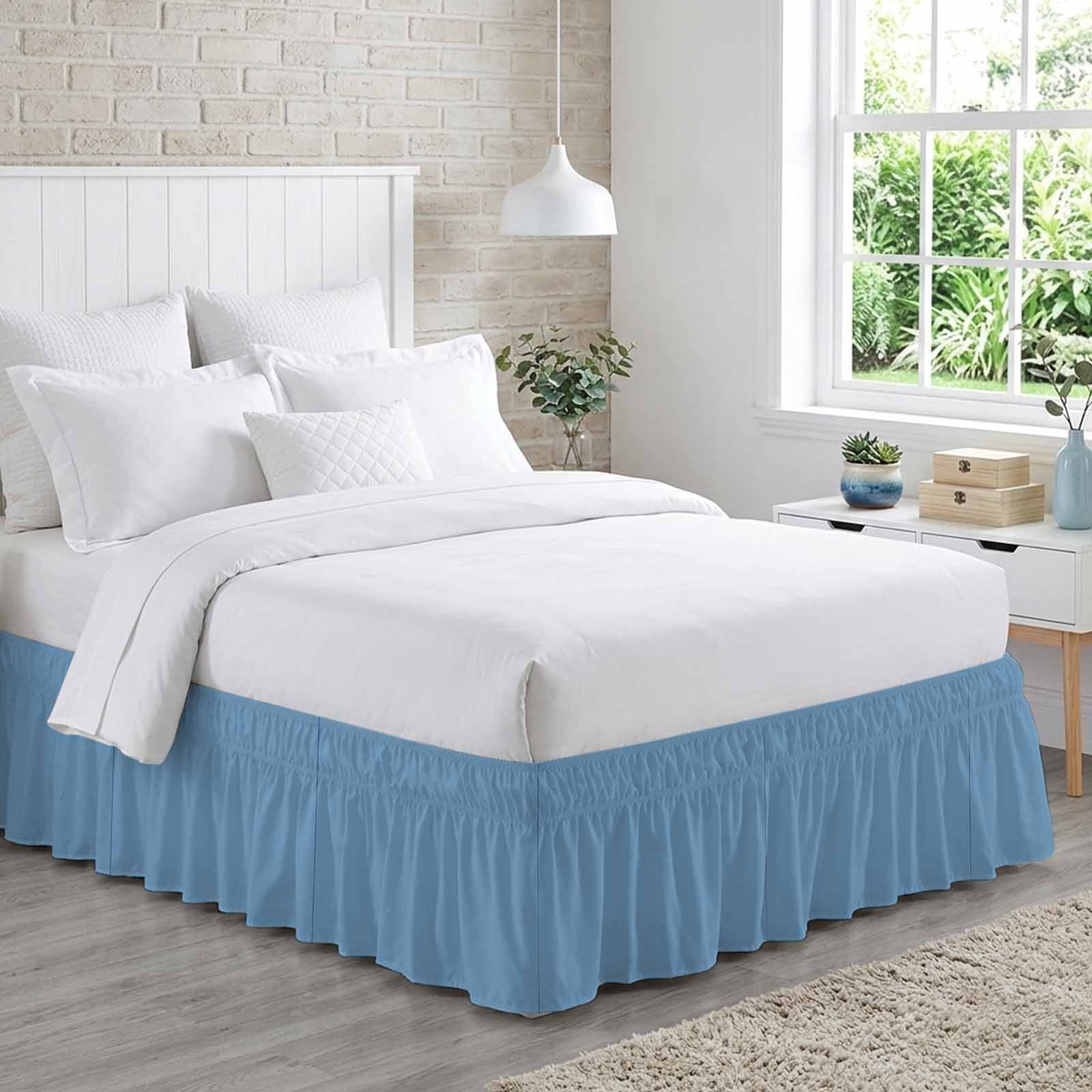 Bed Skirt Dusty Blue Adjustable Elastic Wrap-Around Dust Ruffle with Solid Color 16 Inch Drop, Bed Frame Cover for Queen Size Bed