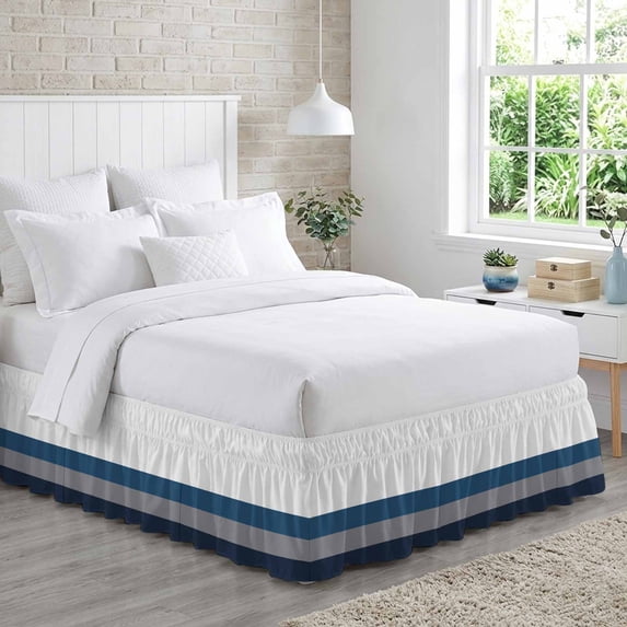 Bed Skirt Grey Blue Adjustable Elastic Wrap-Around Dust Ruffle with ...