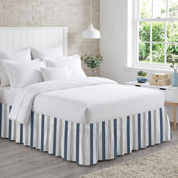 Bed Skirt Haze Blue Grey Striped Adjustable Elastic Wrap-Around Dust Ruffle with Modern 18 Inch Drop, Bed Frame Cover for Cal King Bed