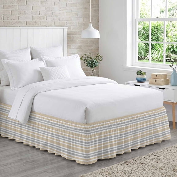 Bed Skirt Khaki and Adjustable Elastic Wrap-Around Dust Ruffle with Gray Stripe Contrast Minimalist Modern Art 16 Inch Drop, Bed Frame Cover for Queen Size Bed