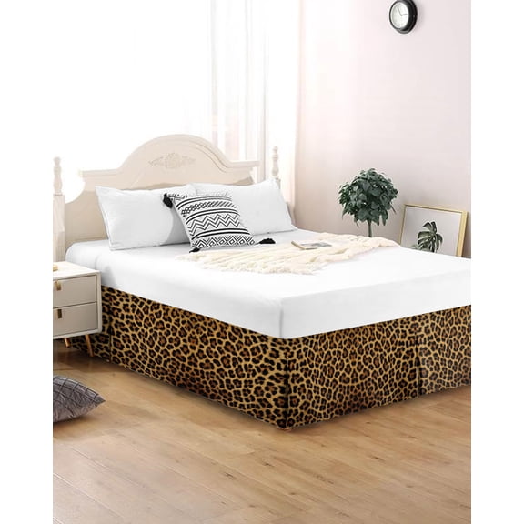Bed Skirt King Size Brown Retro Leopard Print Pleated Dust Ruffle Easy Fit Bedskirts with 16 Inch Drop Abstract Animal Texture Wrinkle and Fade Resistant Bedroom Decor