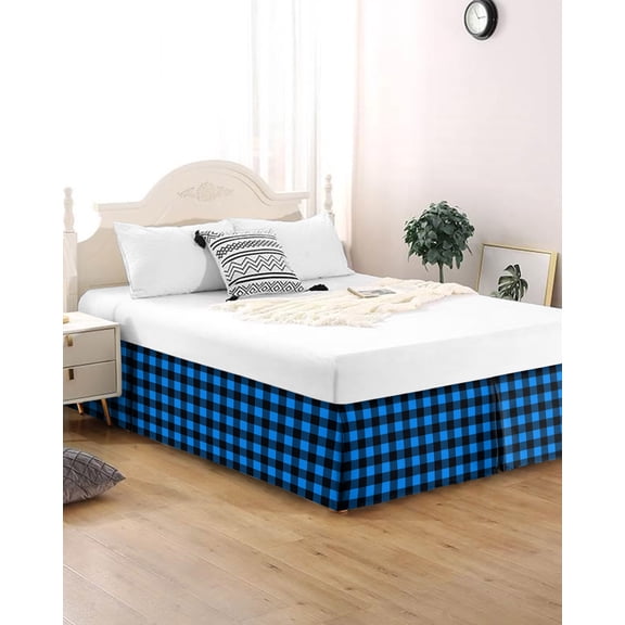 Bed Skirt King Size Buffalo Plaid Pleated Dust Ruffle Easy Fit Bedskirts with 16 Inch Drop Pastoral Blue Black Checked Wrinkle and Fade Resistant Bedroom Decor