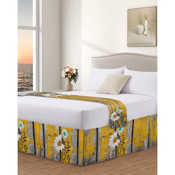 Bed Skirt King Size Farmhouse Dairy Pleated Dust Ruffle Easy Fit Bedskirts with 18 Inch Drop Butterflies Bubbles Vintage Wooden Wrinkle and Fade Resistant Bedroom Decor