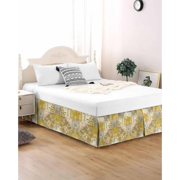 Bed Skirt King Size Luxurious Gold Floral Botanical Pleated Dust Ruffle Easy Fit Bedskirts with 16 Inch Drop Abstract Collage Textures Wrinkle and Fade Resistant Bedroom Decor