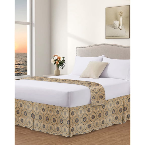 Bed Skirt King Size Retro Boho Earth-toned Print Pleated Dust Ruffle Easy Fit Bedskirts with 18 Inch Drop Exotic Symmetrical Floral Wrinkle and Fade Resistant Bedroom Decor