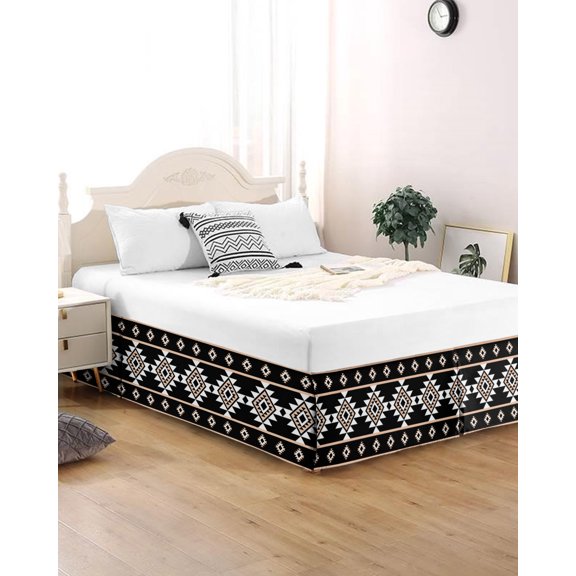 Bed Skirt King Size Retro Boho Pleated Dust Ruffle Easy Fit Bedskirts with 16 Inch Drop Aztec Western Tribal Pattern Wrinkle and Fade Resistant Bedroom Decor
