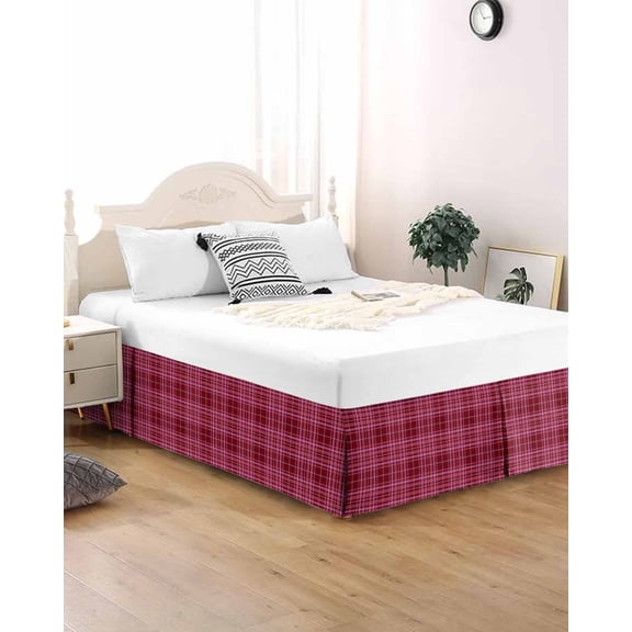 Bed Skirt King Size Retro Checked Pleated Dust Ruffle Easy Fit Bedskirts with 16 Inch Drop Vintage Red Pink Deep Maroon Squares Stripes Wrinkle and Fade Resistant Bedroom Decor