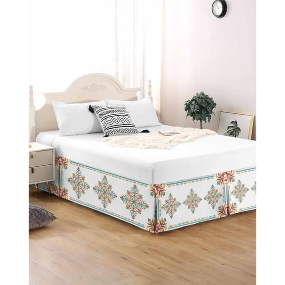 Bed Skirt King Size Rustic Mediterranean Pleated Dust Ruffle Easy Fit Bedskirts with 16 Inch Drop Modern Classic Floral Pattern White Wrinkle and Fade Resistant Bedroom Decor