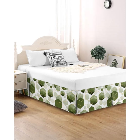 Bed Skirt King Size Sage Green Gold Geometric Pleated Dust Ruffle Easy Fit Bedskirts with 16 Inch Drop Modern Abstract Hexagon Pattern Wrinkle and Fade Resistant Bedroom Decor