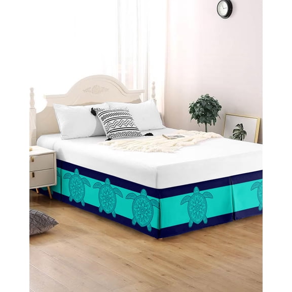 Bed Skirt King Size Sea Turtles Pleated Dust Ruffle Easy Fit Bedskirts with 16 Inch Drop Navy Blue Teal Ocean Wrinkle and Fade Resistant Bedroom Decor